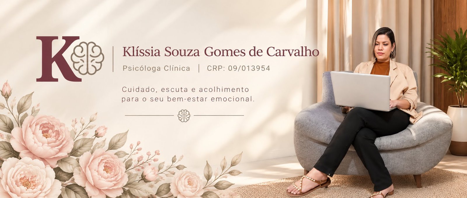 Banner de Klíssia Souza Gomes, psicóloga clínica, com logo K e ambiente de atendimento on-line